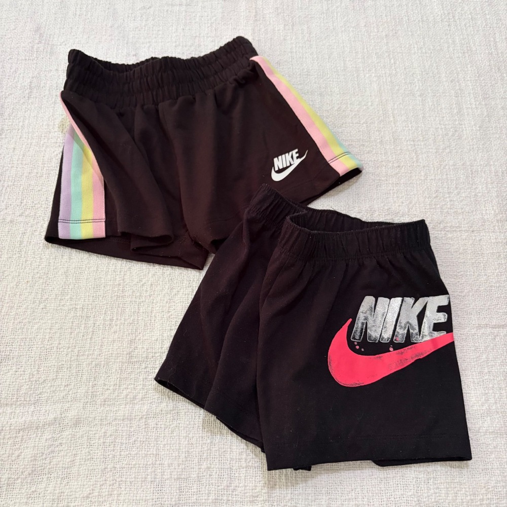 Nike Girls Shorts Bundle Size 5 Black Rainbow Stripe Glitter Logo 2 Pack